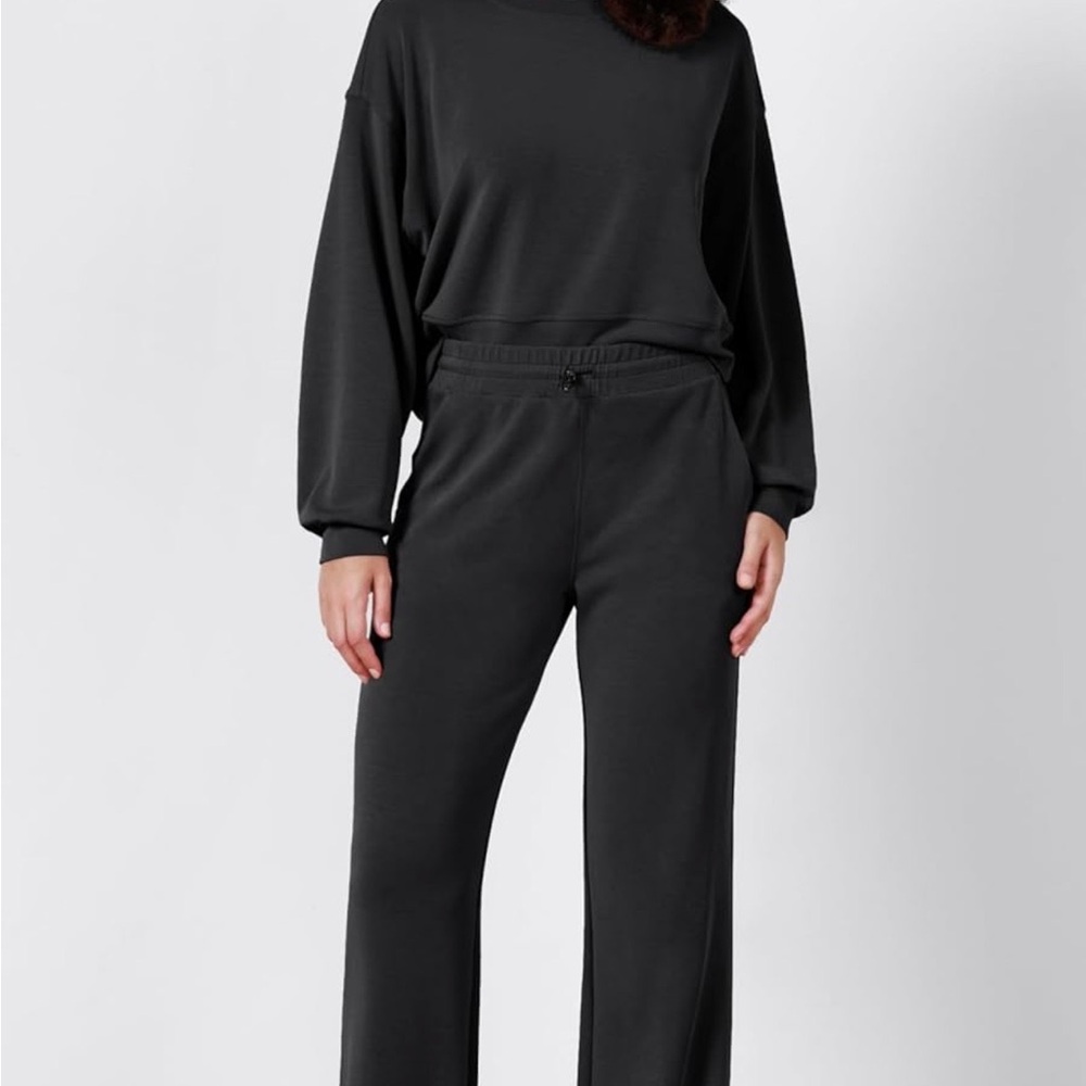 ODODOS Modal Soft Lounge Set Black Oversized Sweatshirt + Wide Leg Pants XL
